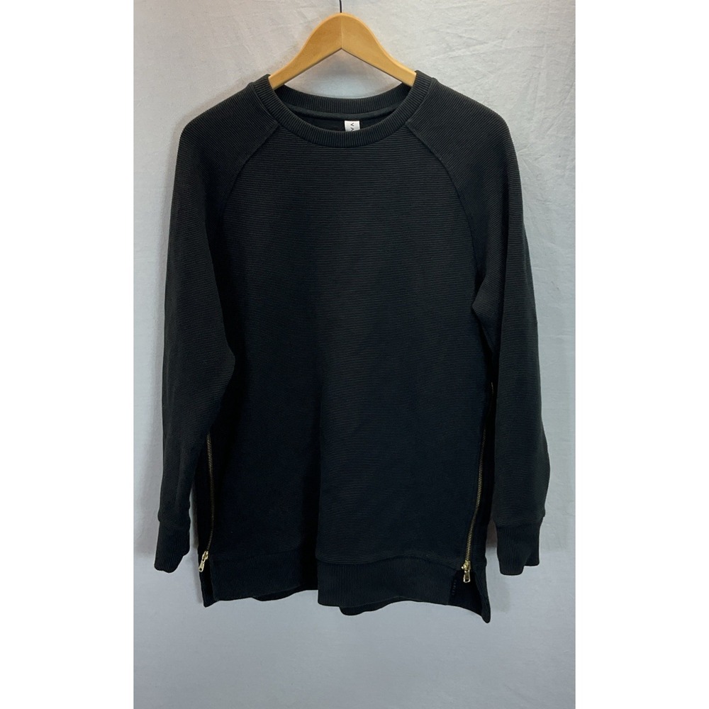 Varley‎ Sweatshirt Washed Black Long Sleeve Ribbed Gold Side Zip The Pilates Bar